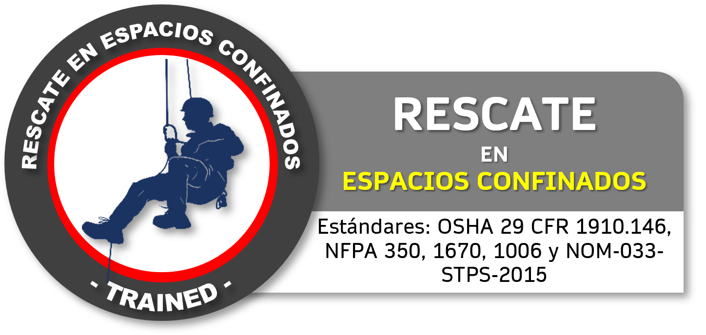 Etiqueta de advertencia para rescate en espacios confinados con una figura en una cuerda y arnés, con texto en español que indica estándares de seguridad y que los rescatistas están entrenados.  Curso GRETNER DC3