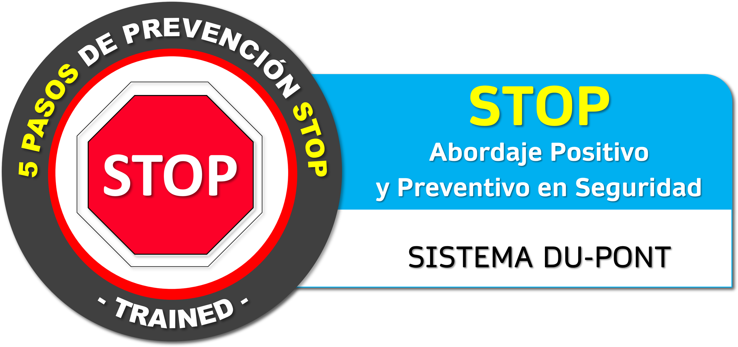 Etiqueta de advertencia de seguridad que dice 'Alto', 'Abordaje positivo y preventivo en seguridad', y 'Sistema Du-Pont' con un símbolo de ceda el paso en un círculo para prevenir accidentes. Curso GRETNER DC3