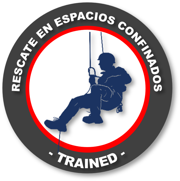 Logo circular con un hombre escalador con casco y arnés, sentado en una cuerda, con la frase 'Rescate en espacios confinados - Trained' en español y en inglés alrededor.