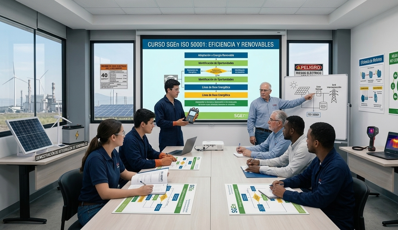 Grupo de personas en una sala de reuniones durante una presentación sobre energías renovables y eficiencia, con gráficos y diagramas en pantallas y pizarras.