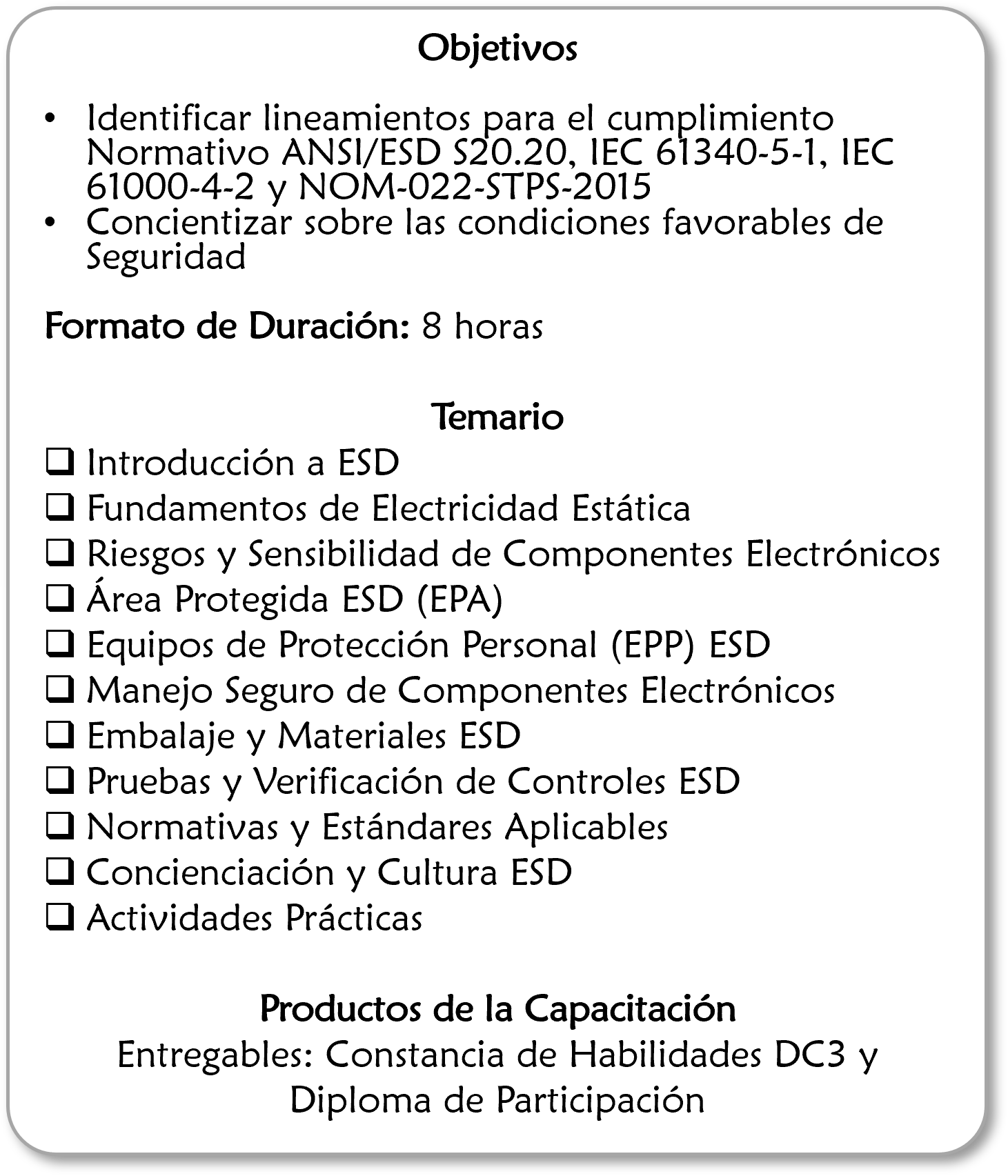 Documento con objetivos, temario y productos de capacitación, incluye temas sobre normas, seguridad eléctrica, componentes electrónicos, protección, embalaje, pruebas, cultura y actividades prácticas.
