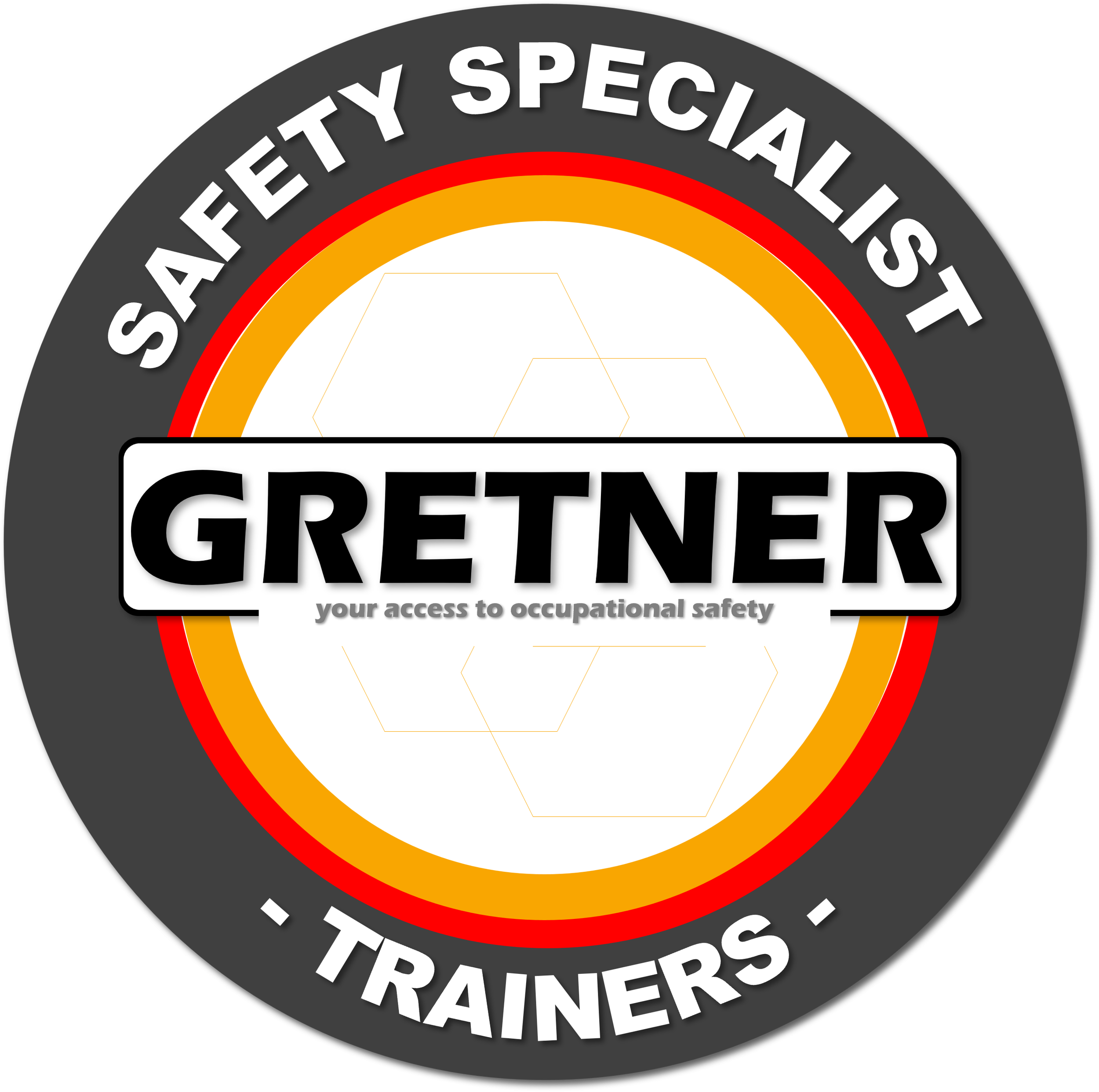 Certificación de seguridad y formación laboral de GRETNAR, con palabras en inglés y español, en fondo negro con círculos en rojo, naranja y gris.