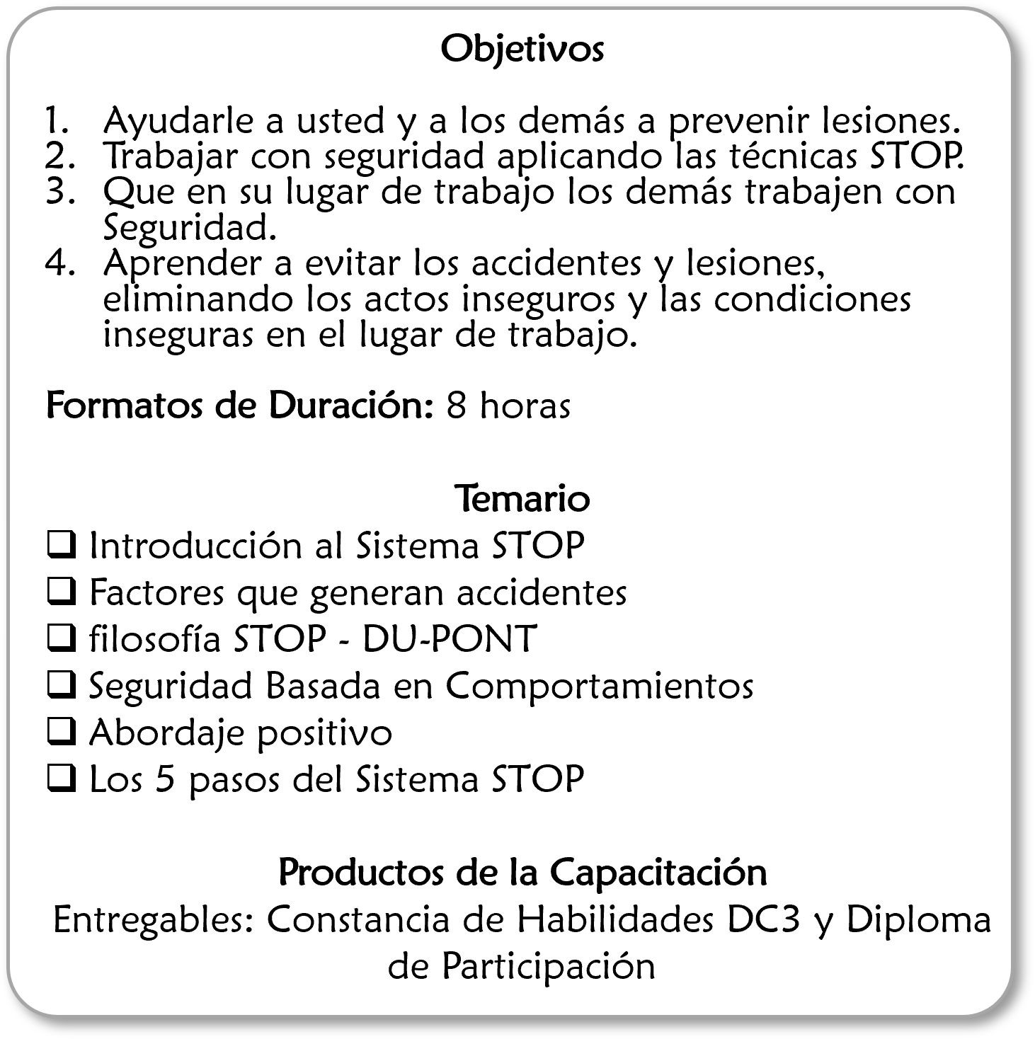 Programa de capacitación sobre seguridad laboral, objetivos, temario y productos entregables.