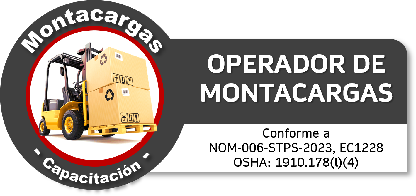 Etiqueta de capacitación para operadores de montacargas, con el logo de una carretilla elevadora con cajas y símbolos de advertencia, y texto informativo en español.