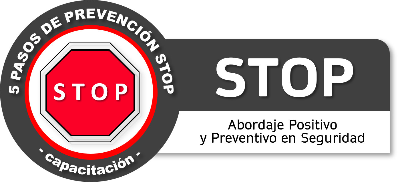 Señal de advertencia con letrero STOP, que dice 'Abordaje Positivo y Preventivo en Seguridad', en colores negro, rojo, y blanco.
