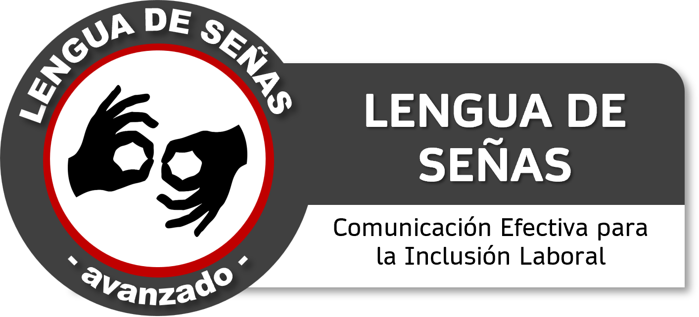 Logo con manos en señas formando un círculo, con texto 'Lengua de Señas' y 'Comunicación Efectiva para la Inclusión Laboral' alrededor y en el centro.