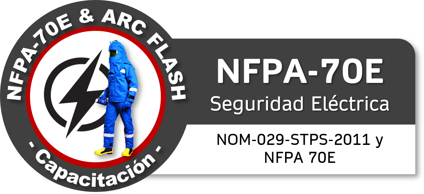 Imagen de un certificado de seguridad eléctrica NFPA-70E, con un logo circular que tiene un símbolo de electricidad y la figura de una persona con equipo de protección eléctrica, y texto que indica las normas y requisitos de seguridad eléctrica.