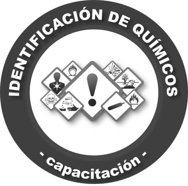 Logotipo de advertencia de productos químicos peligrosos con símbolos de riesgo y texto en inglés y español.
