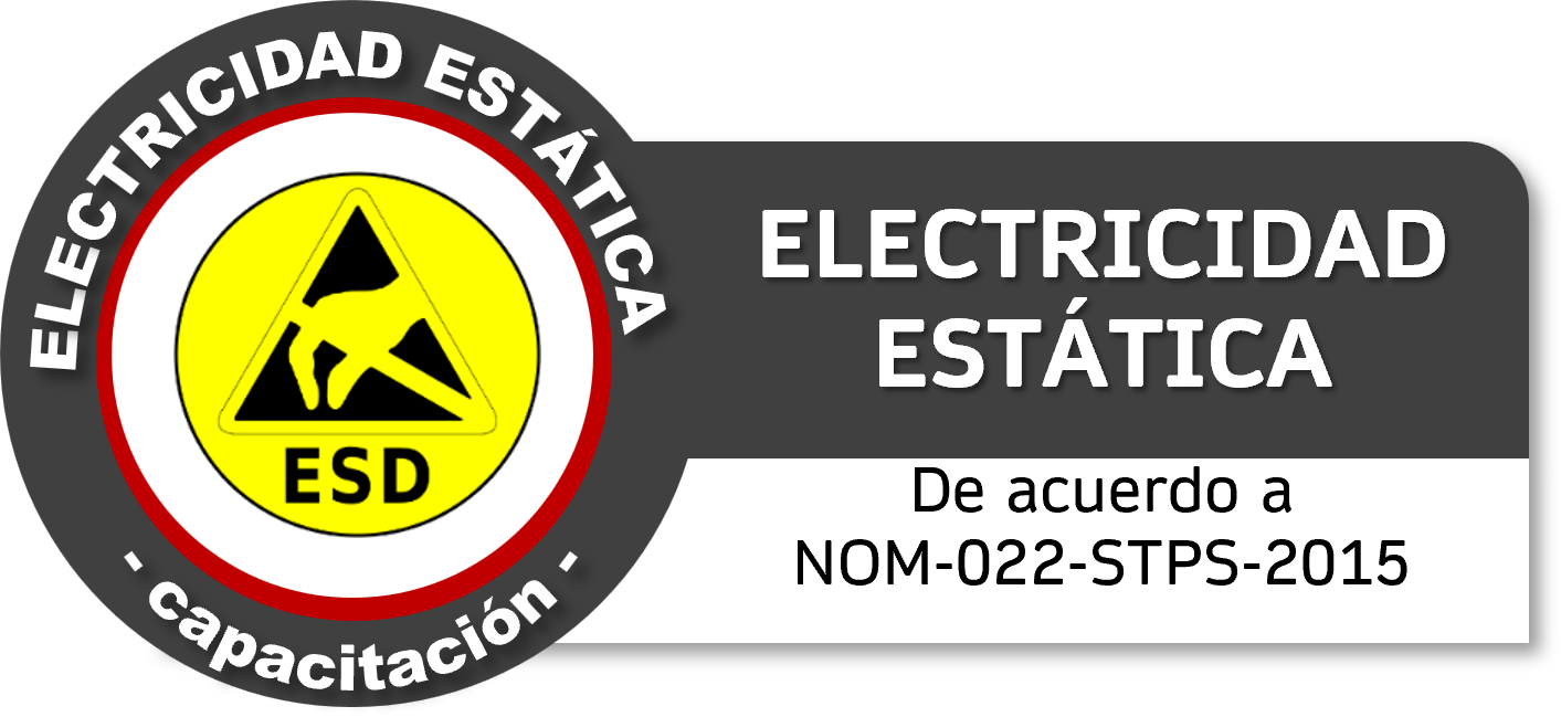 Aviso de riesgo eléctrico con advertencia de electricidad estática, incluyendo un ícono de señal de peligro y texto en español que indica cumplimiento con normativa NOM-022-STPS-2015.