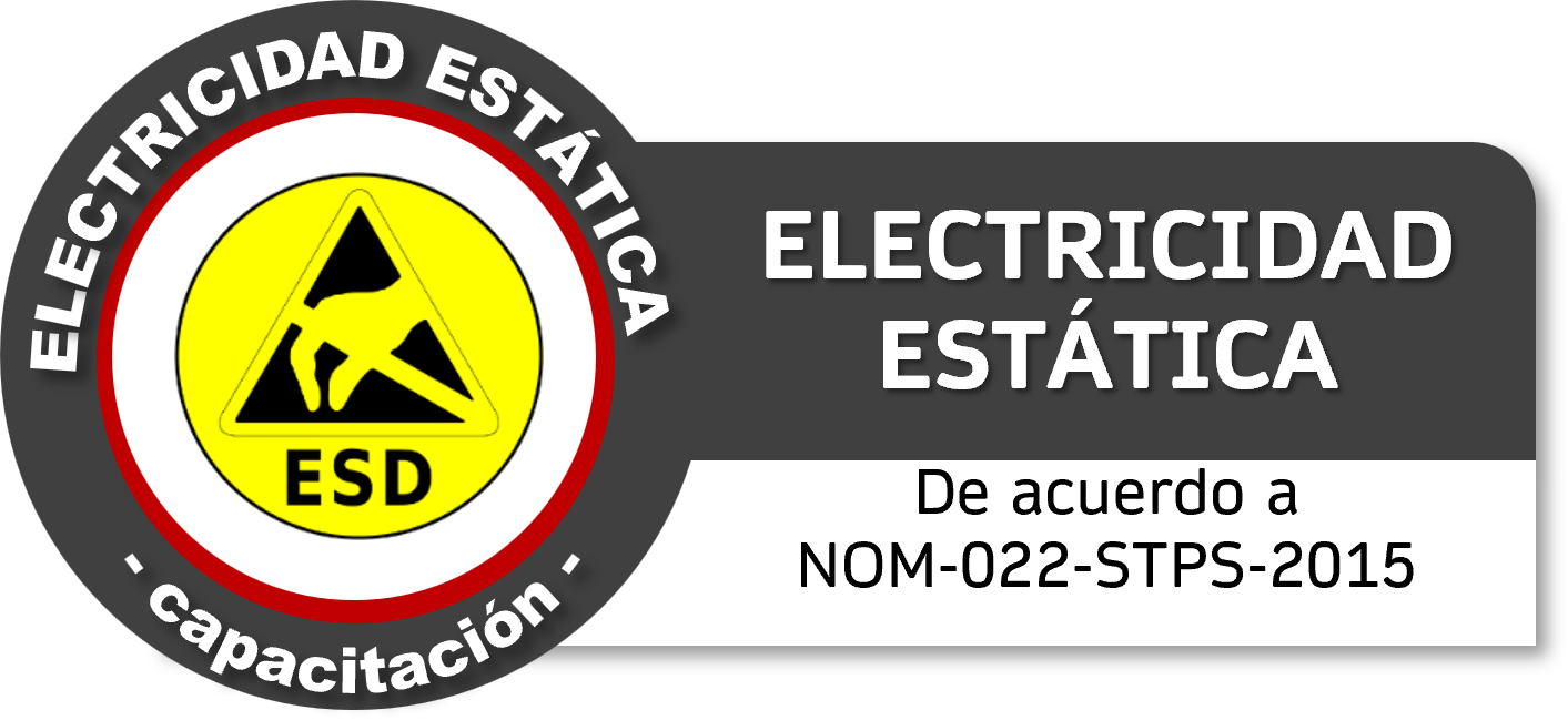Aviso de electricidad estática que indica la normativa NOM-022-STPS-2015, con logos y texto en colores negro, blanco, gris, rojo, y amarillo.