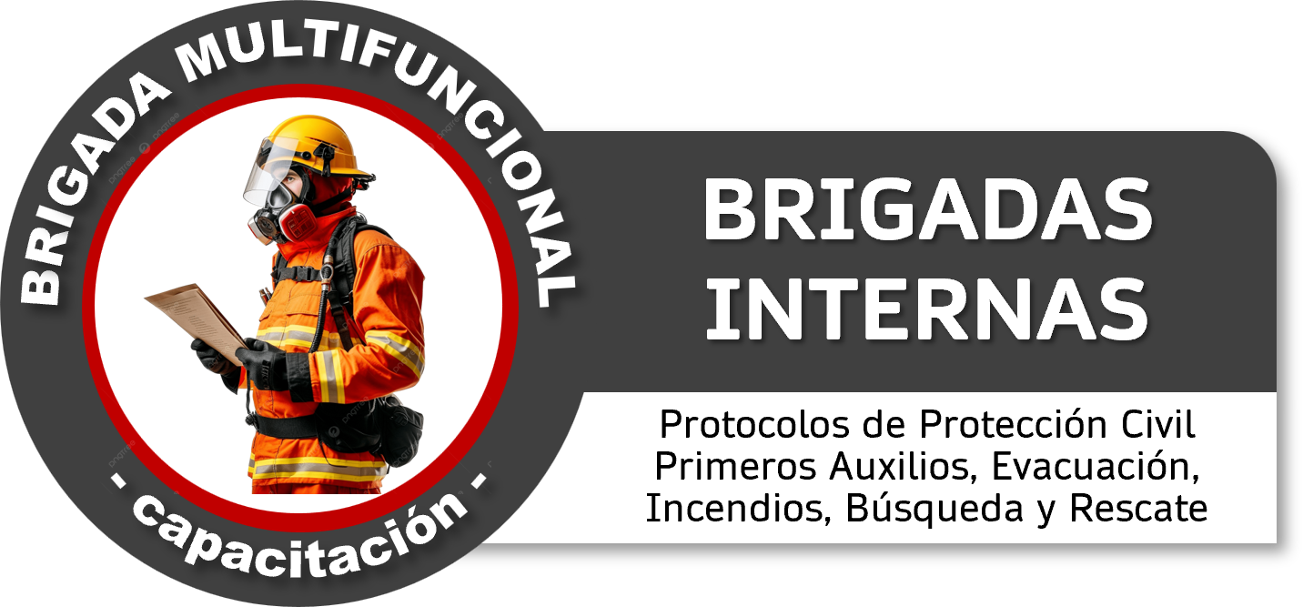 Logotipo de la Brigada de Brigadas Internas de la Brigada Multifuĝional, con una imagen de un bombero con casco y equipo de protección leyendo un documento, y texto que menciona protocolos de protección civil, primeros auxilios, evacuación, incendios, búsqueda y rescate.