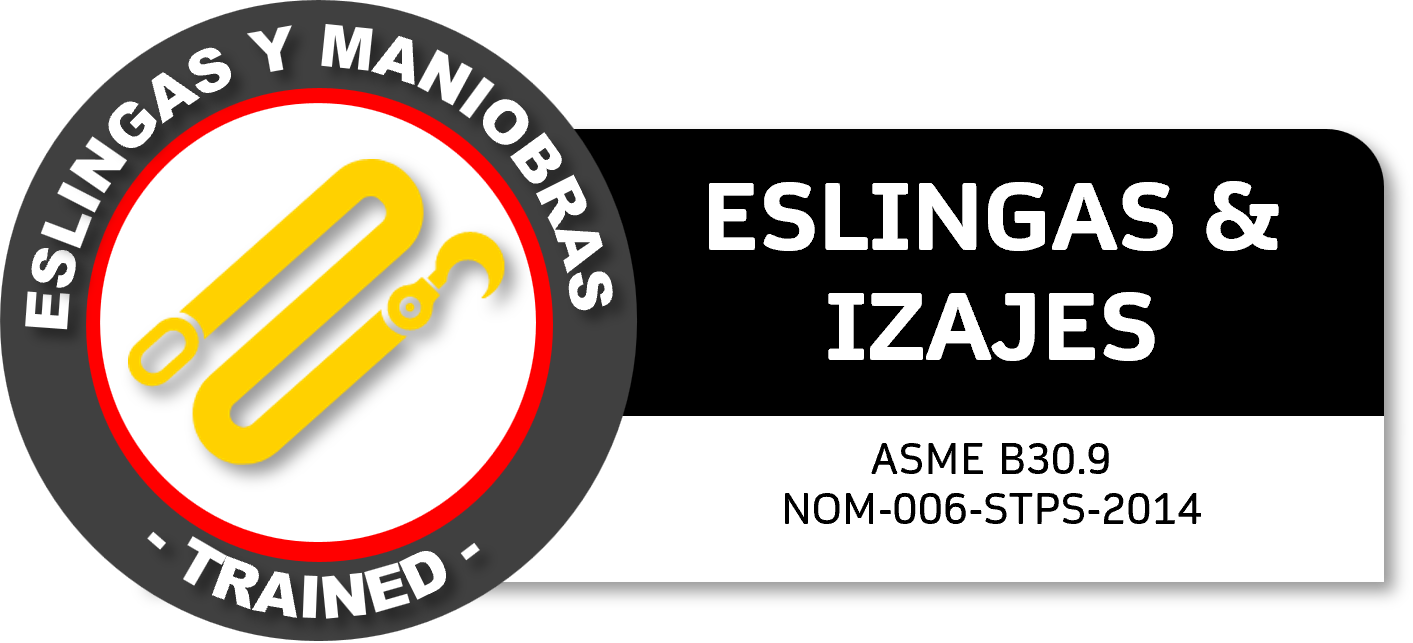 Logo de una certificación de seguridad Curso GRETNER DC3 para eslingas y manijas de brasa, con la leyenda 'ENTRENADO' y 'ESLINGAS Y MANIJAS BRAS' y especificaciones técnicas ASME B30.9 y NOM-006-STPS-2014.
