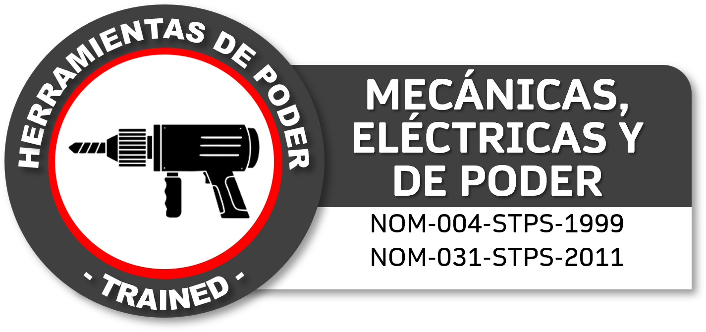 Etiqueta de advertencia sobre productos de herrajería, mecánica, eléctrica y eléctrica, con un icono de martillo con pistola, indicando que están entrenados y cumplen con normas NOM-004-STPS-1999 y NOM-031-STPS-2011. . GRETNER DC3 STPS