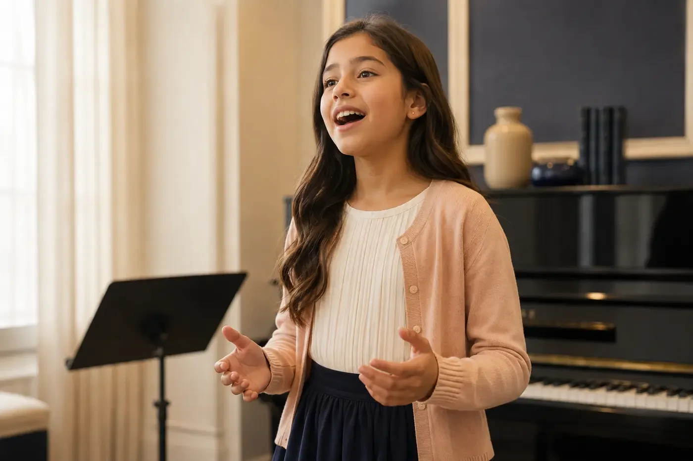 Young singer developing healthy vocal technique during a children’s voice lesson at VOCES Academy in Garland, Texas.
