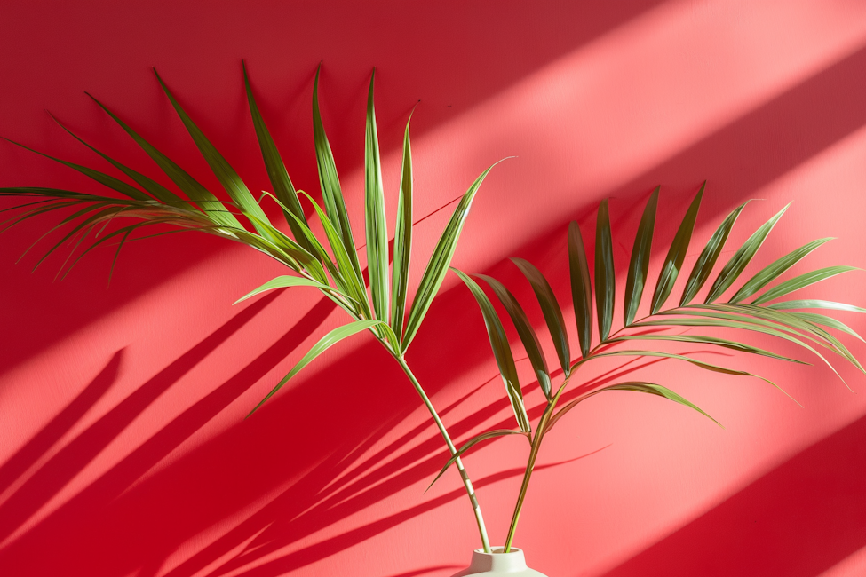 Palmenblätter vor korallpinker Wand