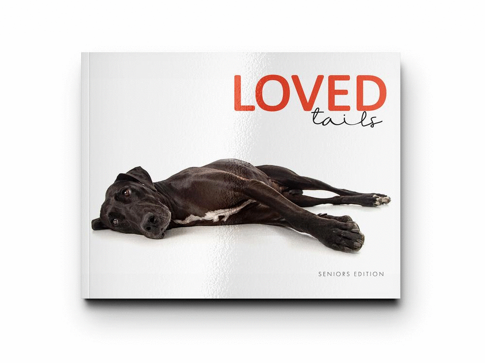 A book titled "LOVED tails" featuring a black dog lying on a white background, with the subtitle "Seniors Edition."
