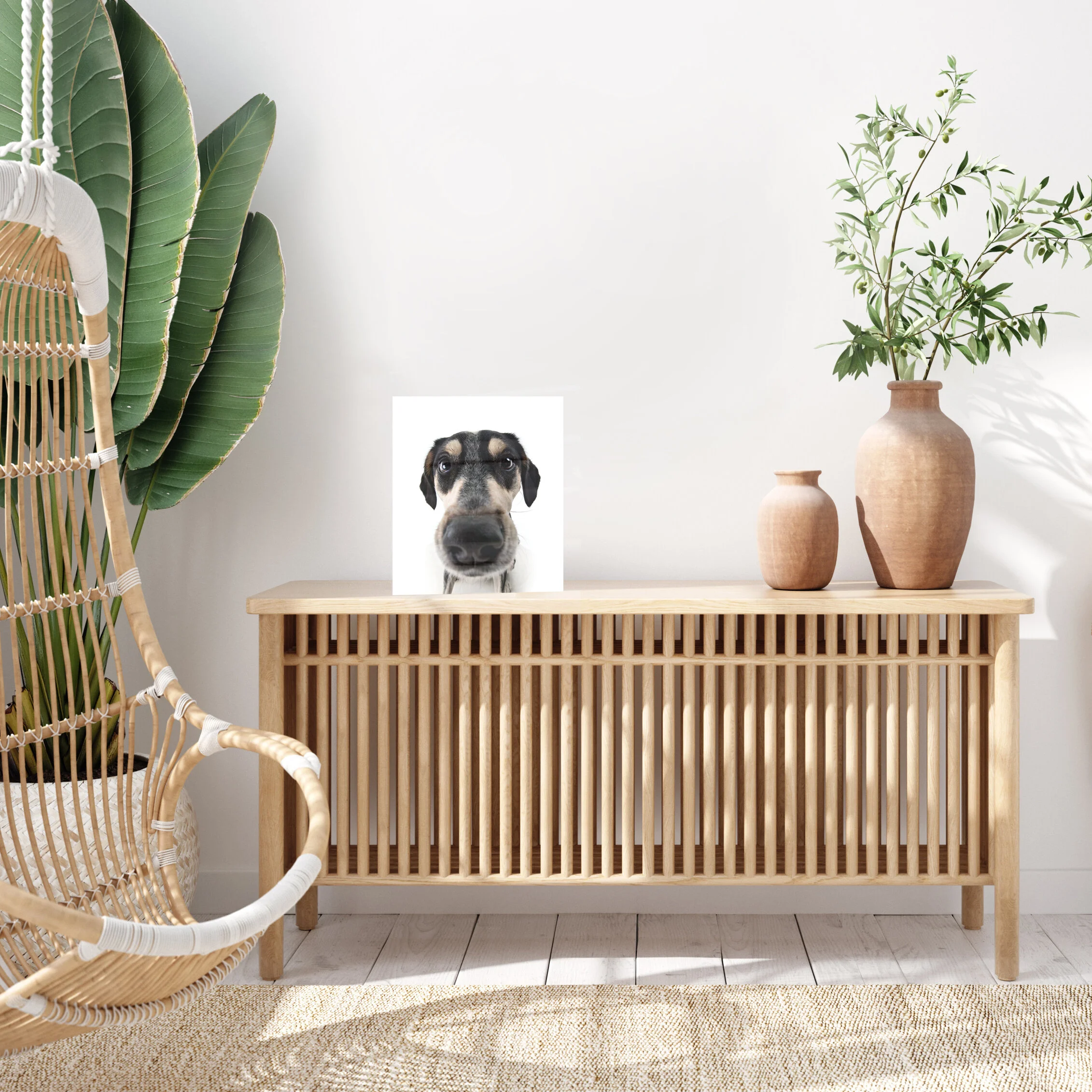 Decorative wooden sideboard with a photo of a dog, two clay vases, and a potted plant inside a bright and minimalist room.
