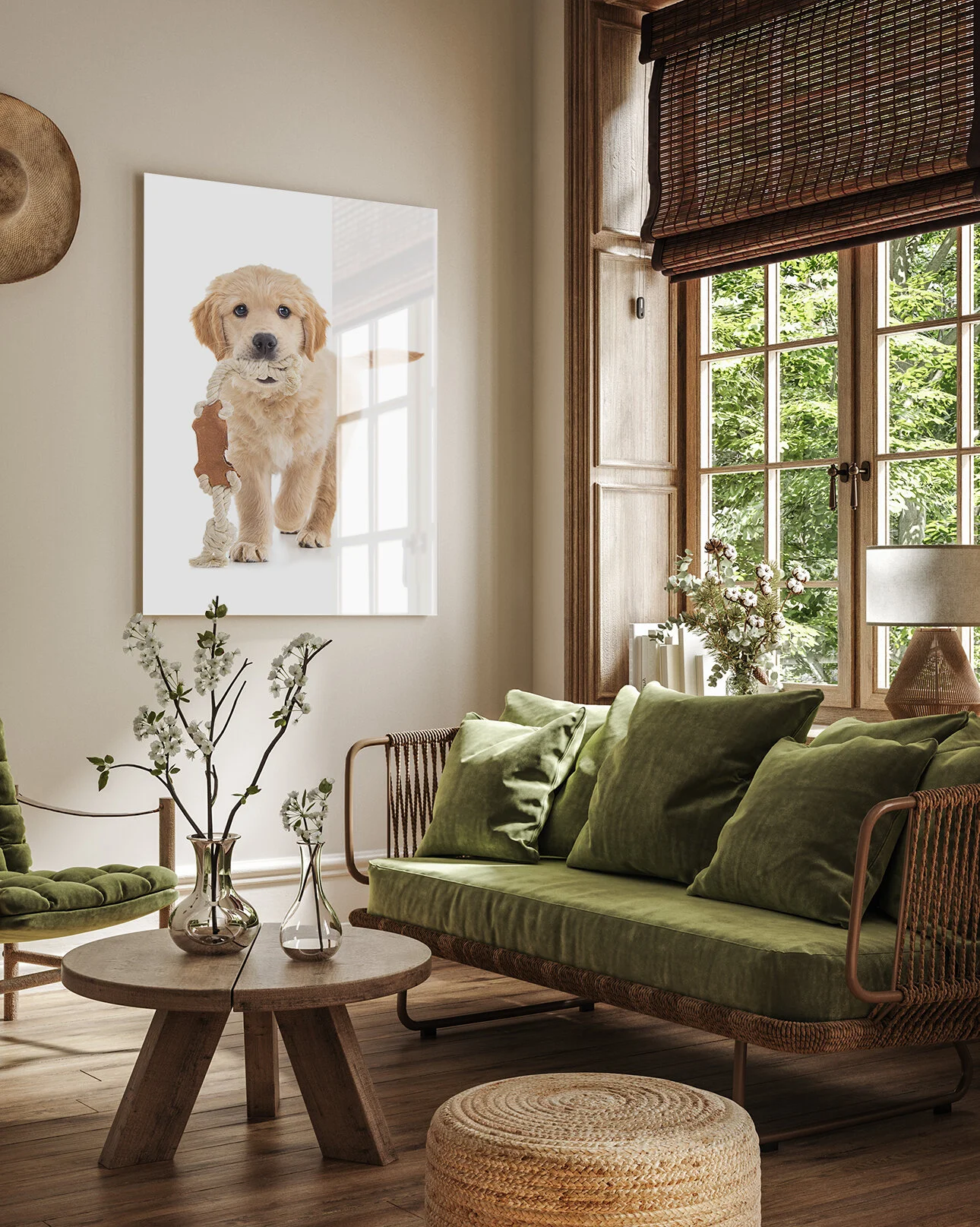 Living room with green sofa, wooden window, flowers, and dog art wall print.