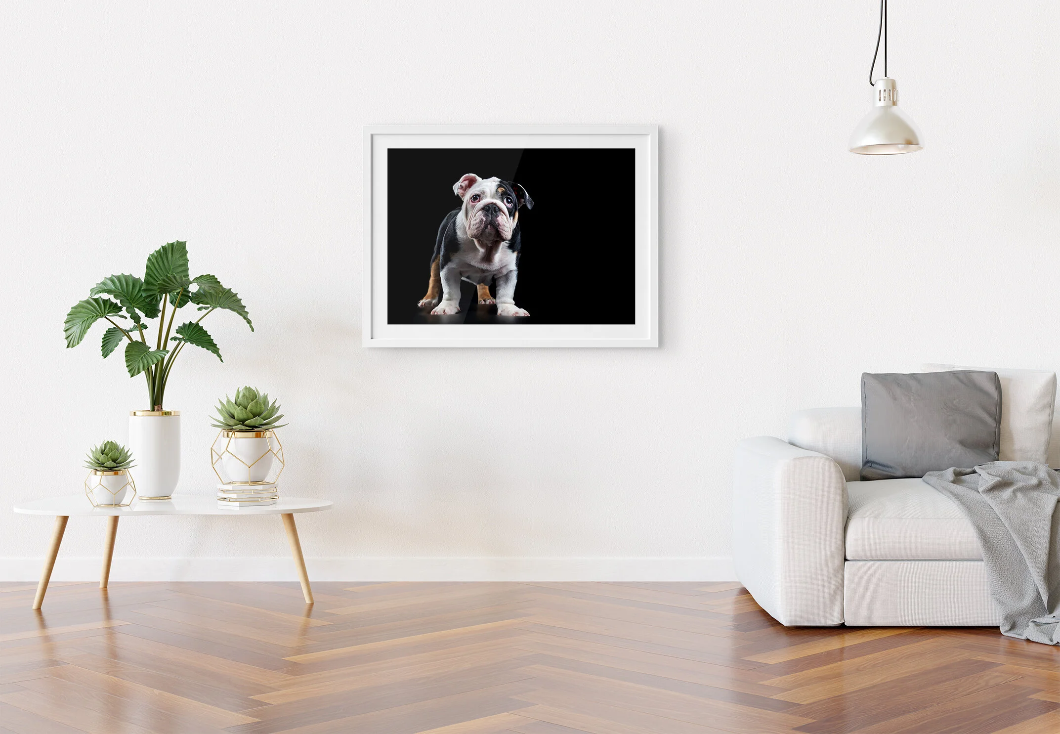 Living room with a white sofa, a gray pillow, a gray blanket, a modern white coffee table with potted plants, and a framed picture of a bulldog puppy on the wall.