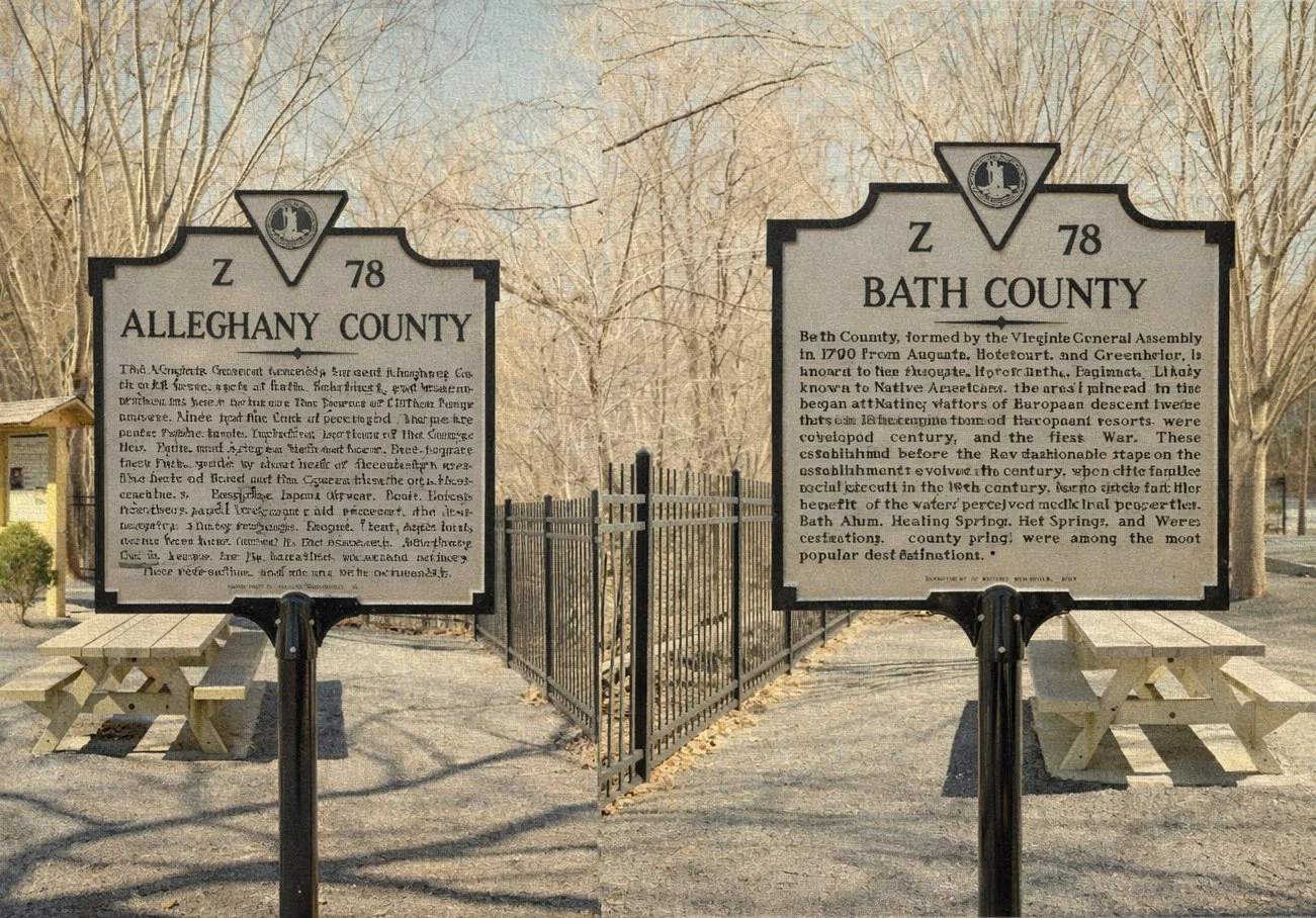 HISTORIC MARKERS — Preservation Bath partnered with the folks in Alleghany County, the Virginia Department of Historic Resources and VDOT, to update and create new historic marker signs for Bath and Alleghany Counties and worked to support their rein