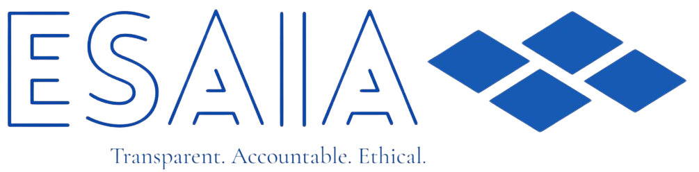 Logo van ESAIA met de woorden 'Transparant. Verantwoord. Ethisch.' en vier blauwe vierkante vormen.
