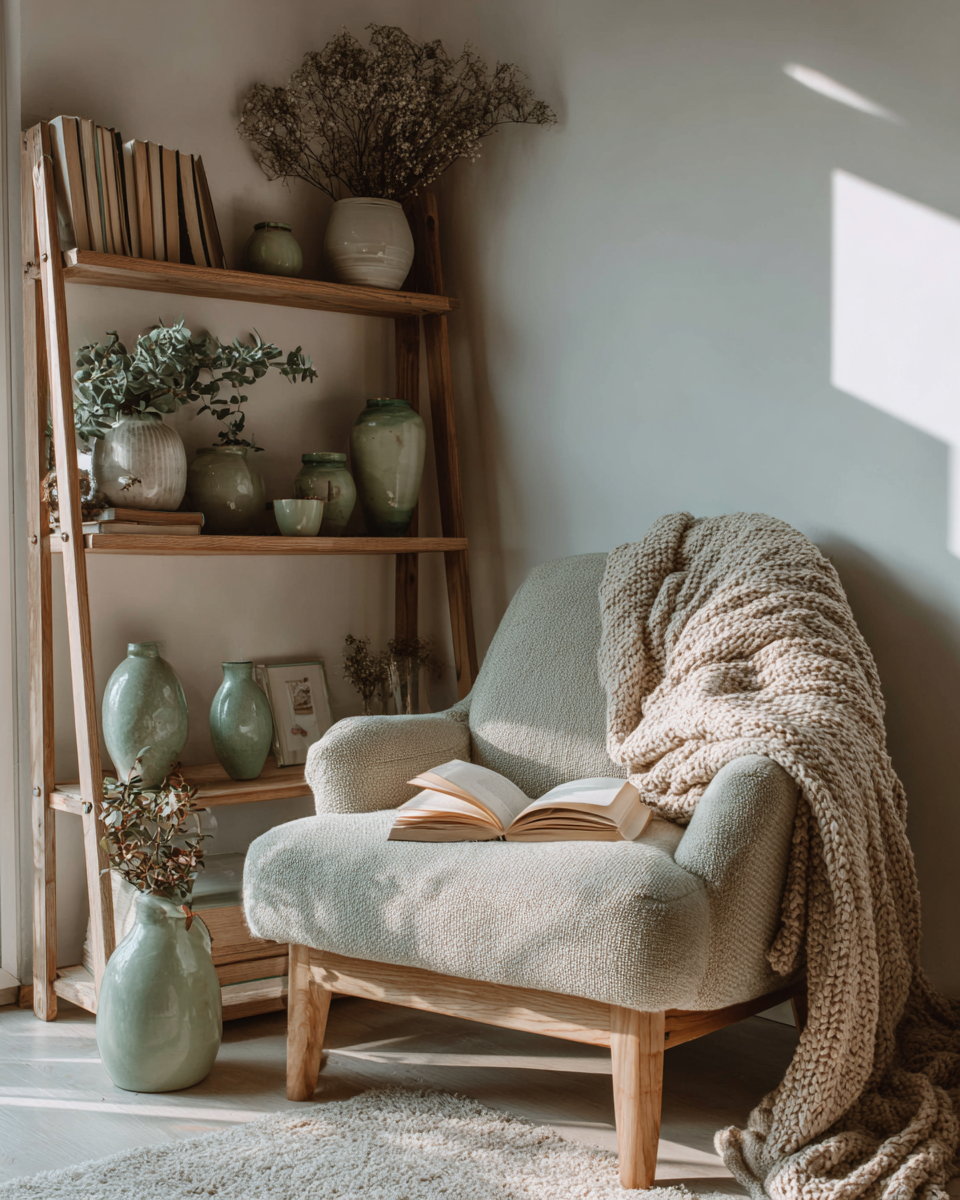 A cozy corner with a light green armchair draped with a chunky beige blanket, an open book resting on it, a tall wooden shelf filled with various green and neutral-colored vases, and dried flowers in a vase on the floor. Sunlight filters through window blinds, casting shadows on the wall.