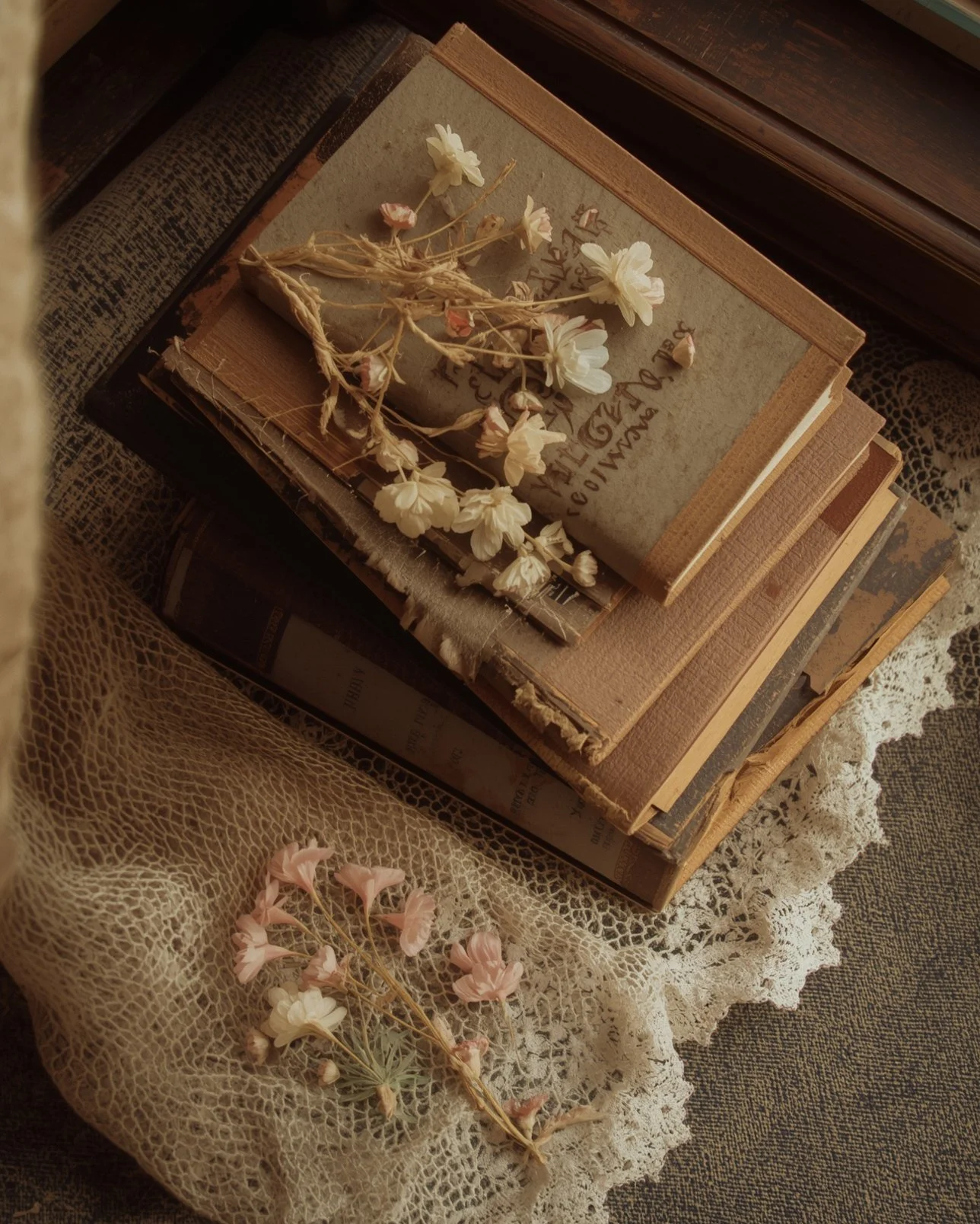 Stack of vintage hardcover books topped with dried white flowers, resting on a lace cloth with pink flowers nearby.