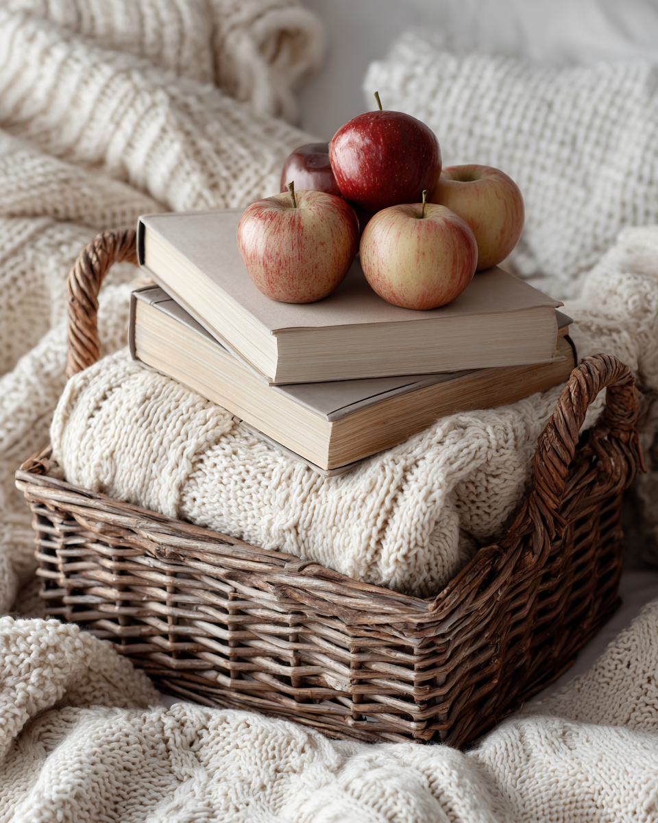 A wicker basket with a blanket, two books, and five apples on top, set on a cozy bed with cream-colored knitted blankets and pillows.