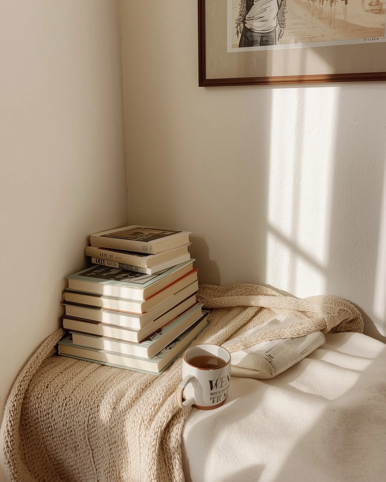 Stack of books on a beige blanket with a cup of coffee, a newspaper, and a cozy blanket in a sunlit corner, with a framed picture on the wall and sunlight casting shadows.