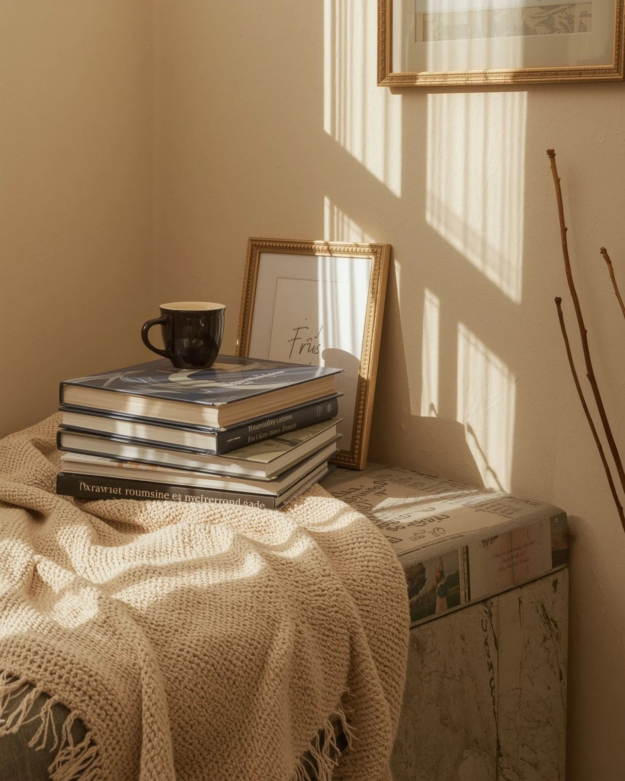 A cozy corner with a stack of books, a black mug on top, and framed artwork leaning against a beige wall. Sunlight filters through blinds, casting shadows on the wall.