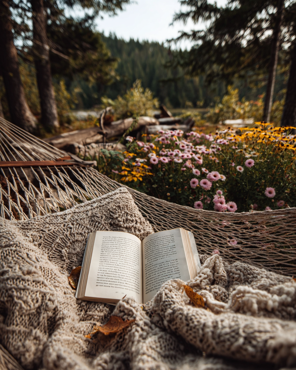 A cozy scene of an open book resting on a knitted blanket and a hammock outdoors in a forested area, with colorful flowers in the background.