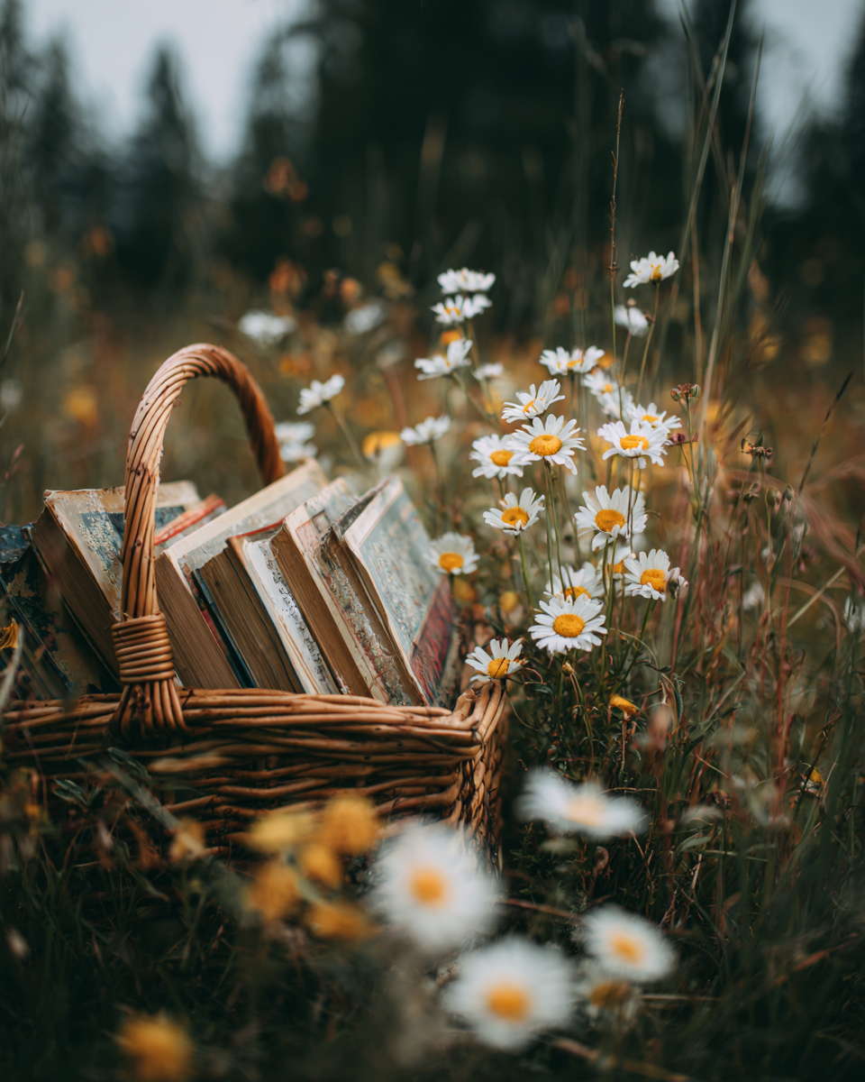 A wicker basket filled with vintage books sits among wild daisies and grass in a field during daylight.