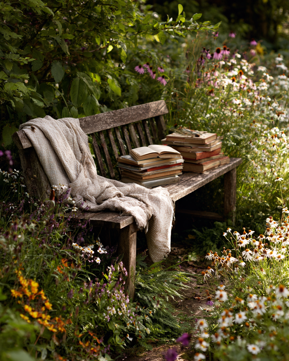 A rustic wooden bench surrounded by colorful wildflowers, with stacks of books and an open book resting on the seat, and a blanket draped over the backrest.