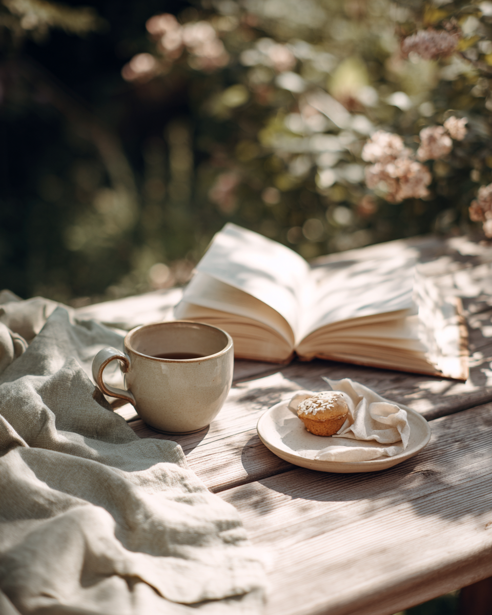 A wooden outdoor table with an open book, a cup of tea, and a plate with a muffin and napkin, surrounded by greenery and pink flowers in the background.