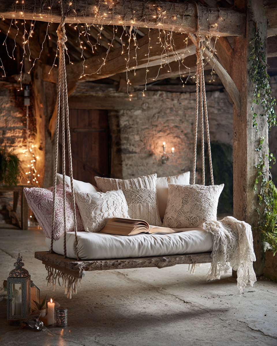 Cozy rustic indoor space featuring a wooden swing swing bed with plush pillows and an open book on top. The area is decorated with string lights, candles, and lanterns, creating a warm and inviting atmosphere with stone walls and wooden beams.
