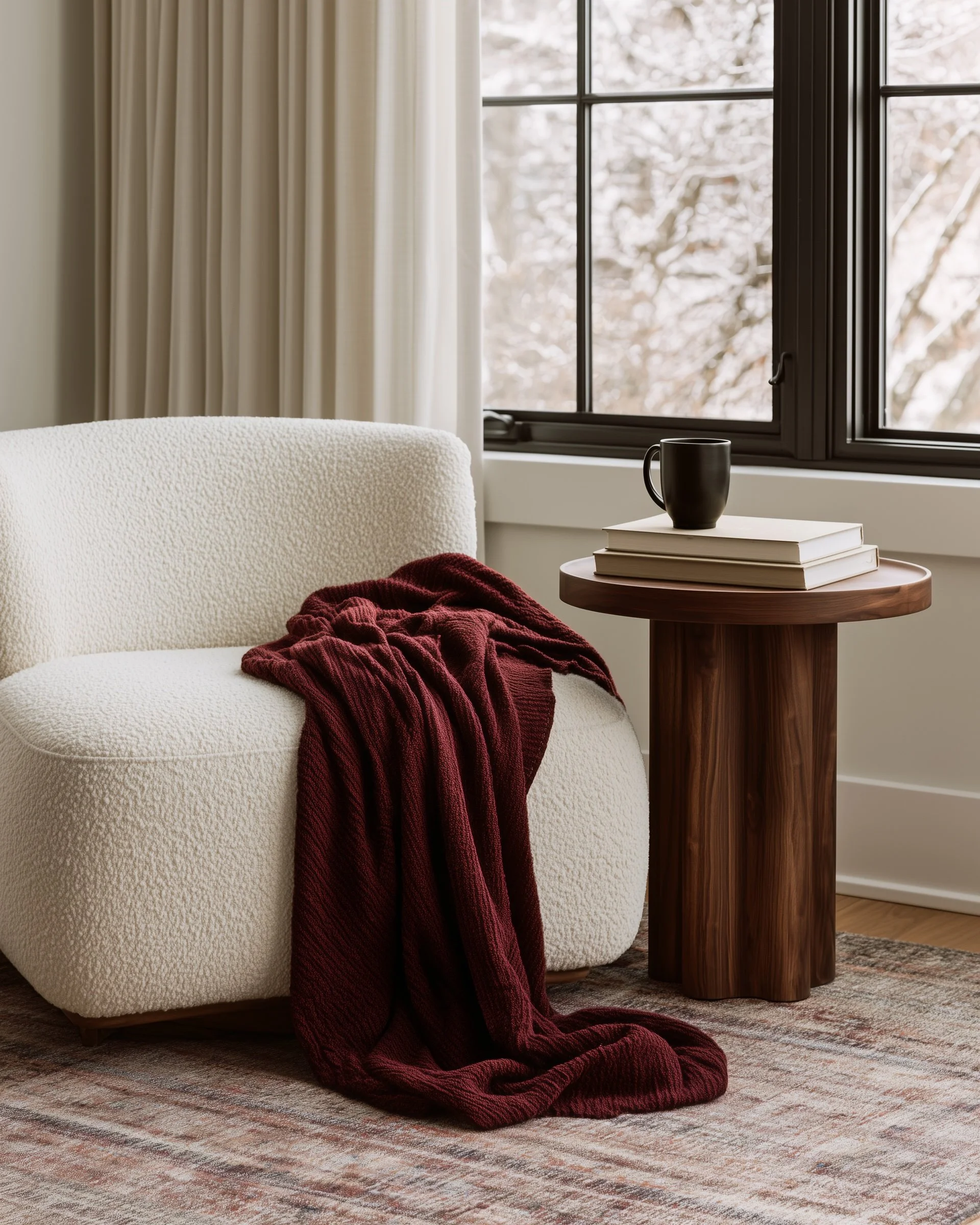 A cozy corner of a living room with a white textured armchair, a burgundy knitted throw, and a round wooden side table. The table holds a black mug and a stack of books. There is a large window with black frame and beige curtains, revealing a snowy outdoor scene. A patterned rug covers the wooden floor.