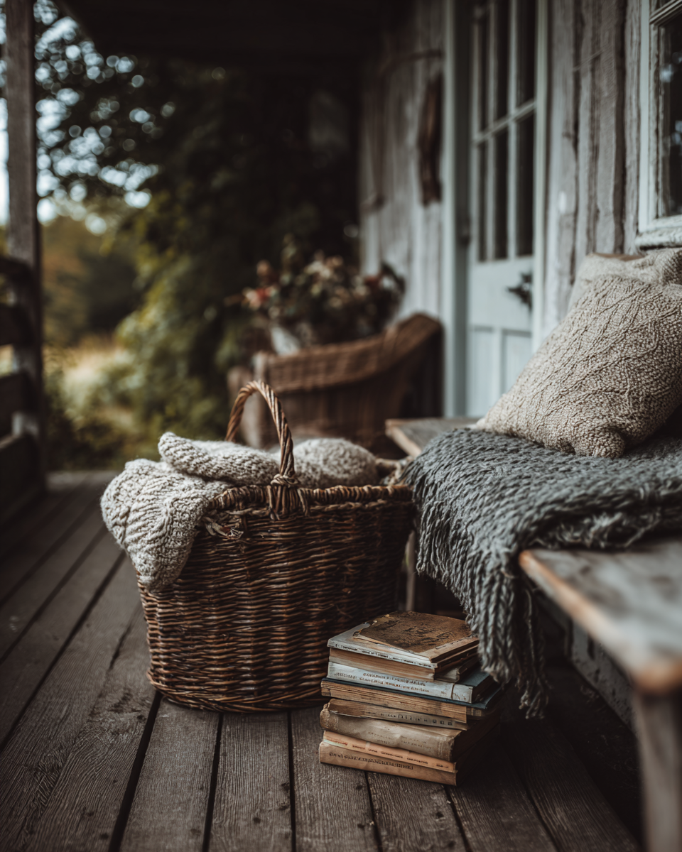 A cozy porch scene featuring a wicker basket filled with soft blankets, a stack of vintage books on the wooden floor, and a bench with textured pillows and a blanket. In the background, there is a rustic house with weathered walls and a door, surrounded by greenery.