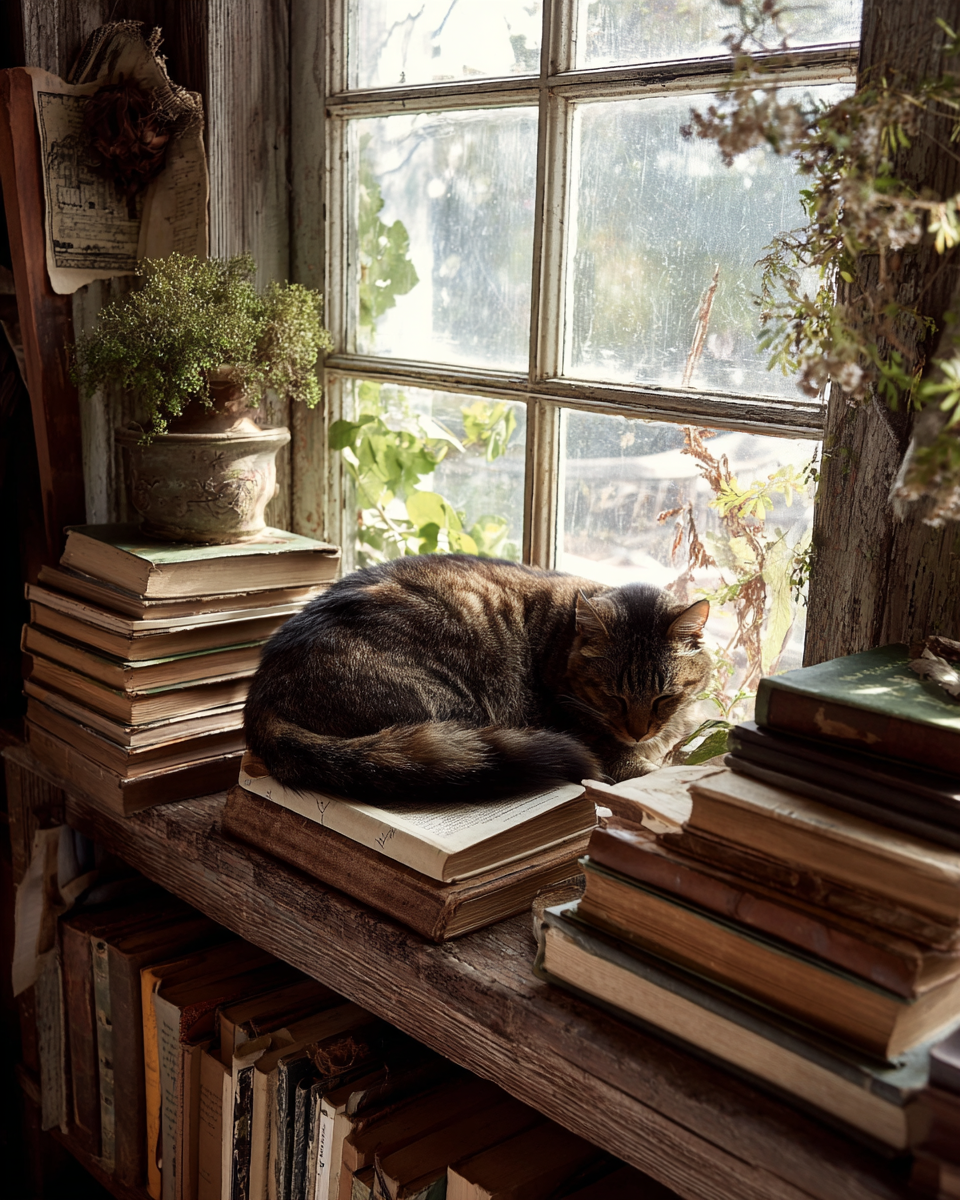 A tabby cat curled up on a stack of books on a rustic wooden shelf near a window with sunlight streaming through. The shelf has additional books underneath, a potted plant, and old papers is attached to the wall.