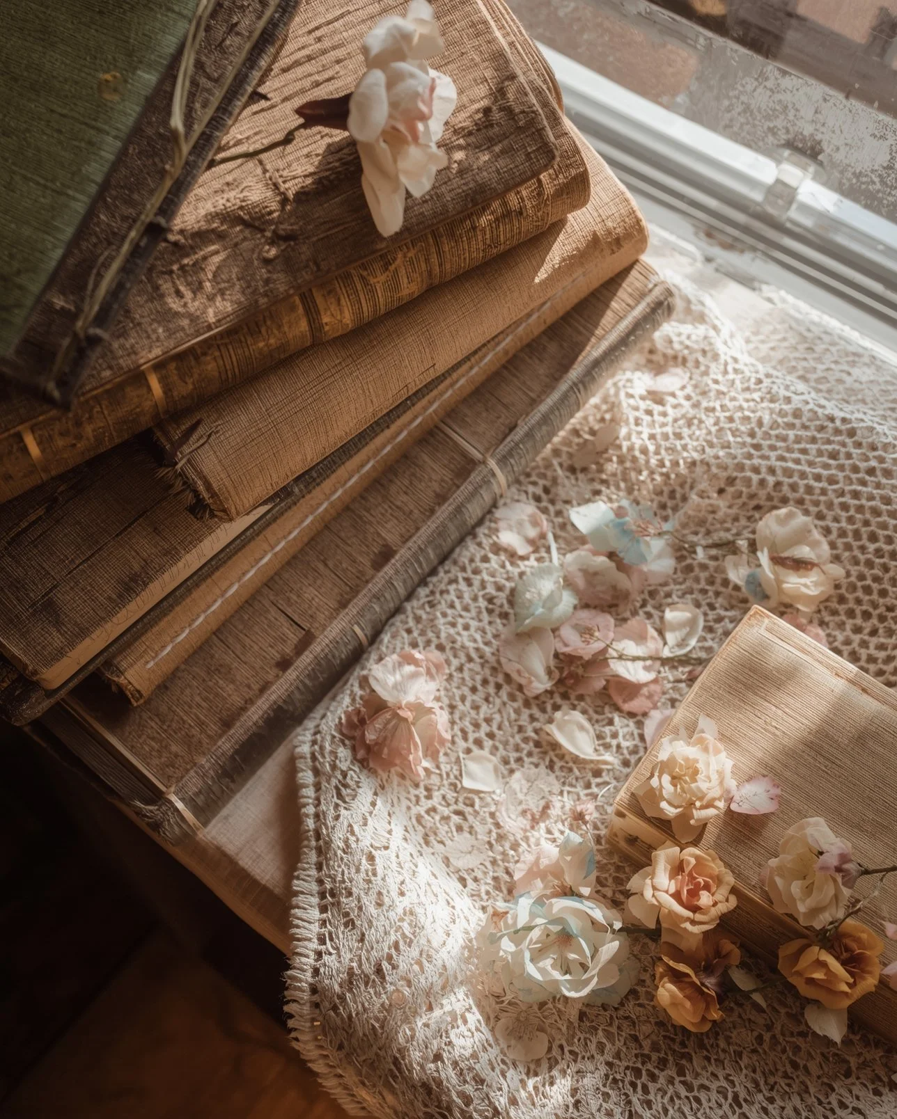 Sunlit stack of vintage books on a table with a lace cloth and scattered pastel-colored paper flowers.