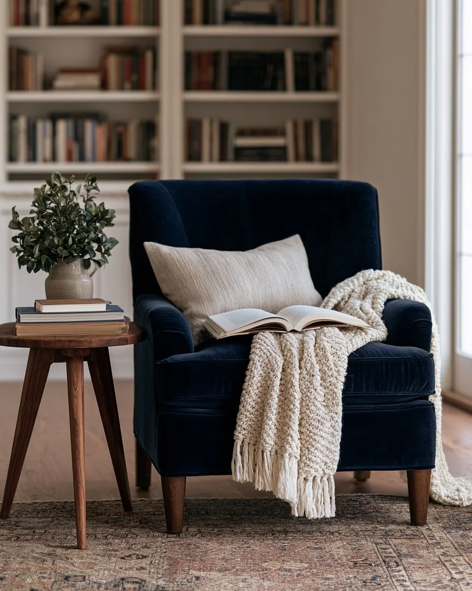 A cozy reading nook with a navy velvet armchair, an open book, a blanket, a beige pillow, a side table with a plant and books, and a bookshelf in the background.