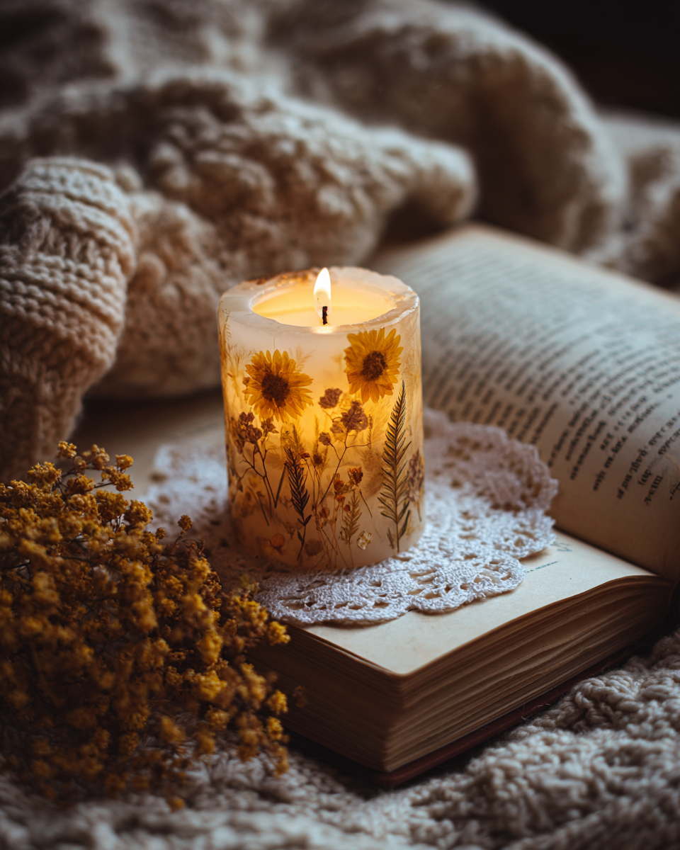 A lit candle decorated with pressed yellow flowers resting on an open book with a crocheted doily underneath, surrounded by a cozy knit blanket and dried flowers.
