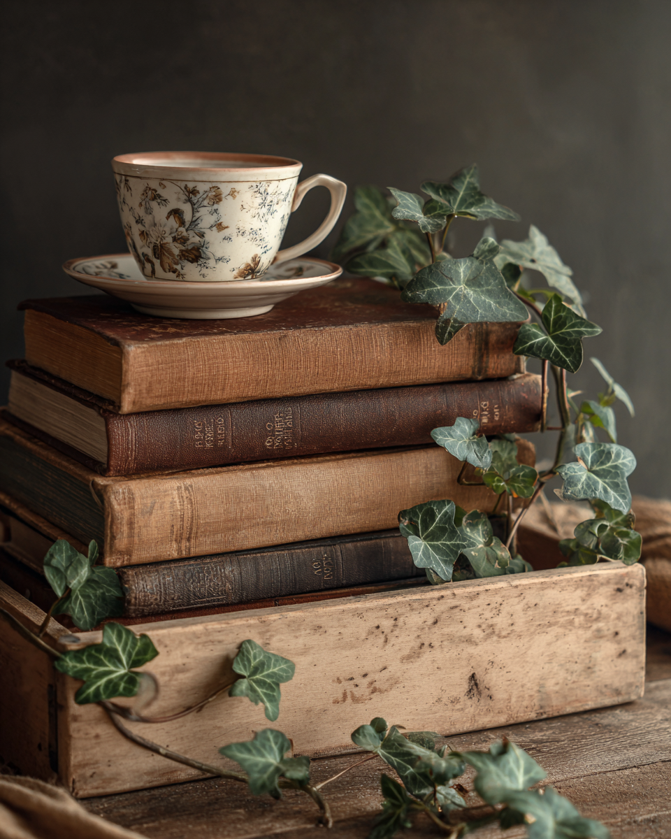 A vintage teacup with floral pattern sitting on a saucer, placed on a stack of old books inside a wooden box, surrounded by green ivy leaves.