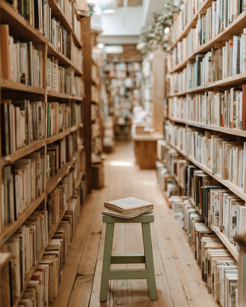 A narrow aisle in a cozy bookstore with wooden shelves filled with books on both sides and a small mint green stool with a stack of books in the center.