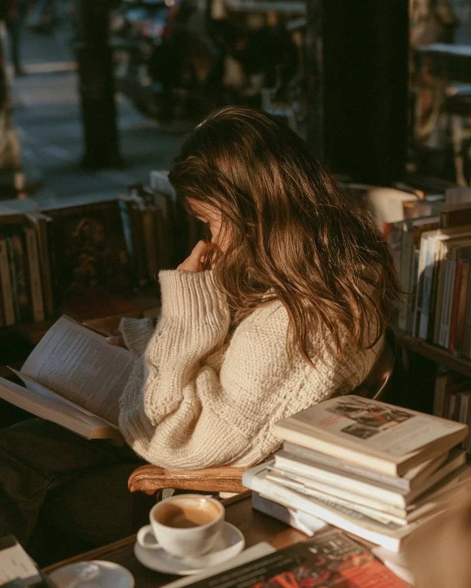 A young woman with long, wavy brown hair reads a book in a cozy indoor setting, sitting at a table with a cup of coffee and a stack of magazines or books nearby, surrounded by shelves filled with books.