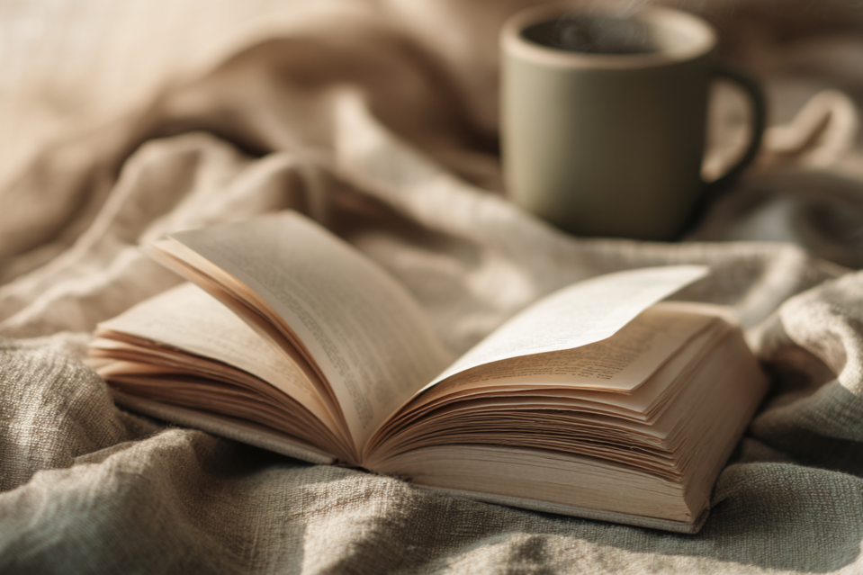An open book resting on beige fabric with a blurred gray mug in the background.