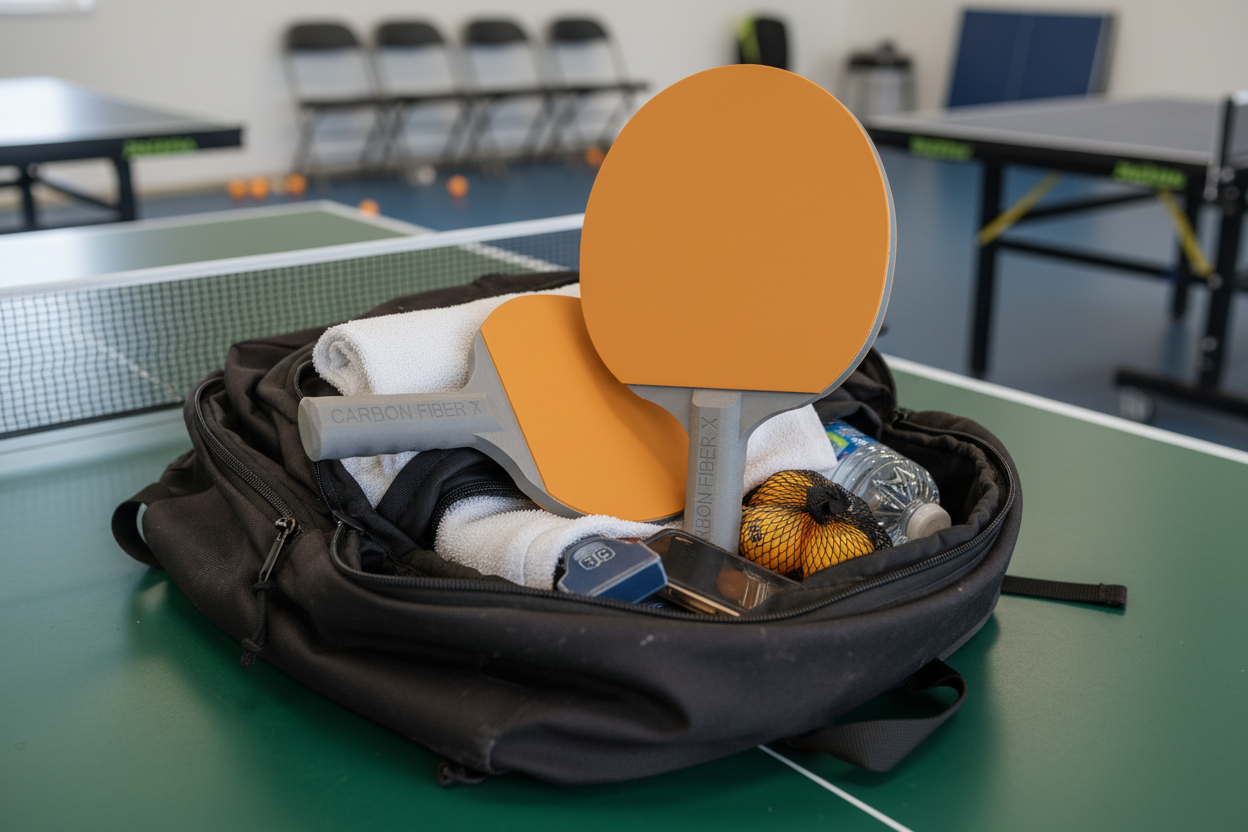 Table tennis paddles, a water bottle, a wristband, a small toy, and a towel inside a black bag on a ping pong table.