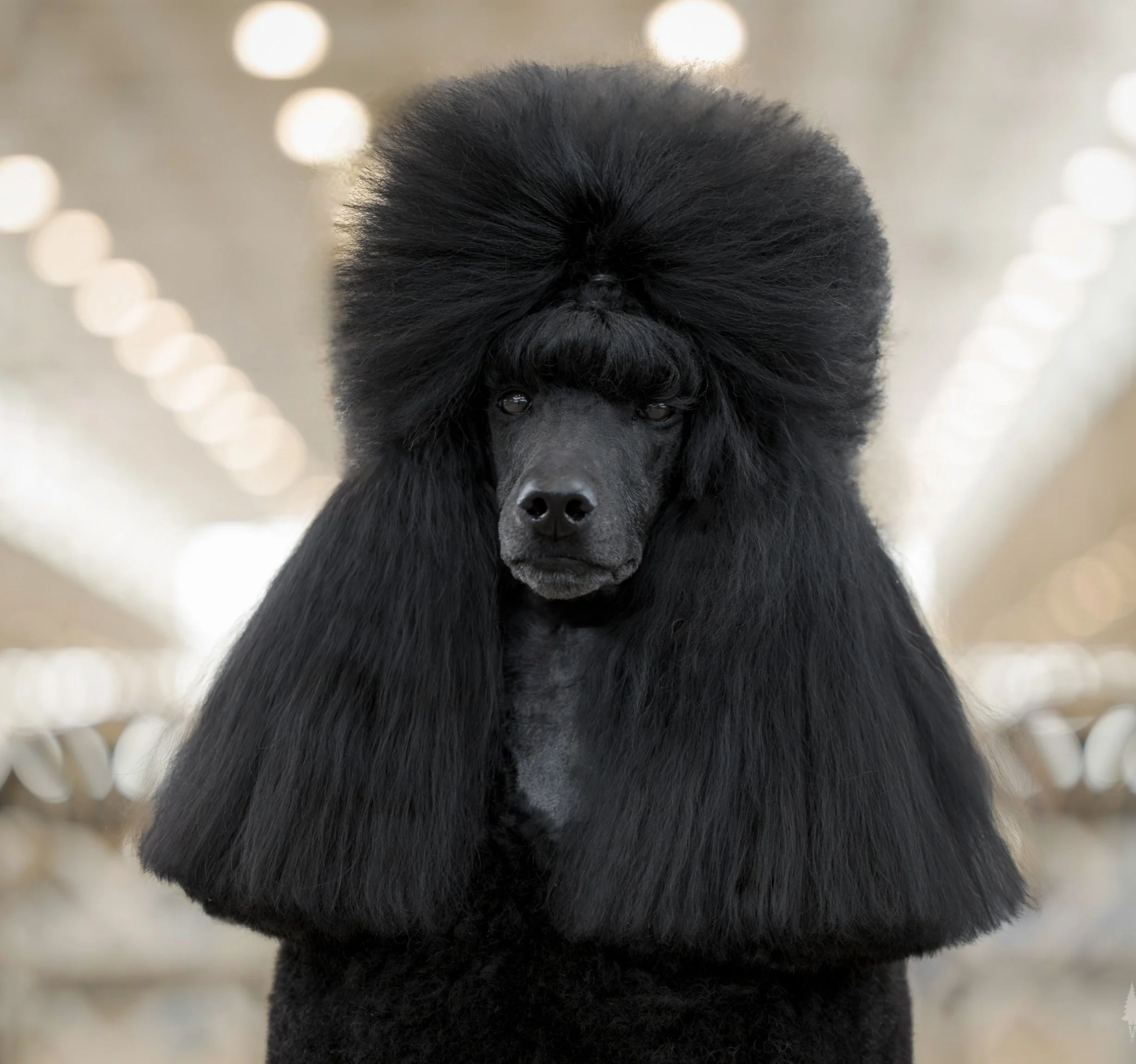 A black poodle with a large, fluffy, rounded hairstyle on its head standing in an indoor setting with blurred lights in the background.