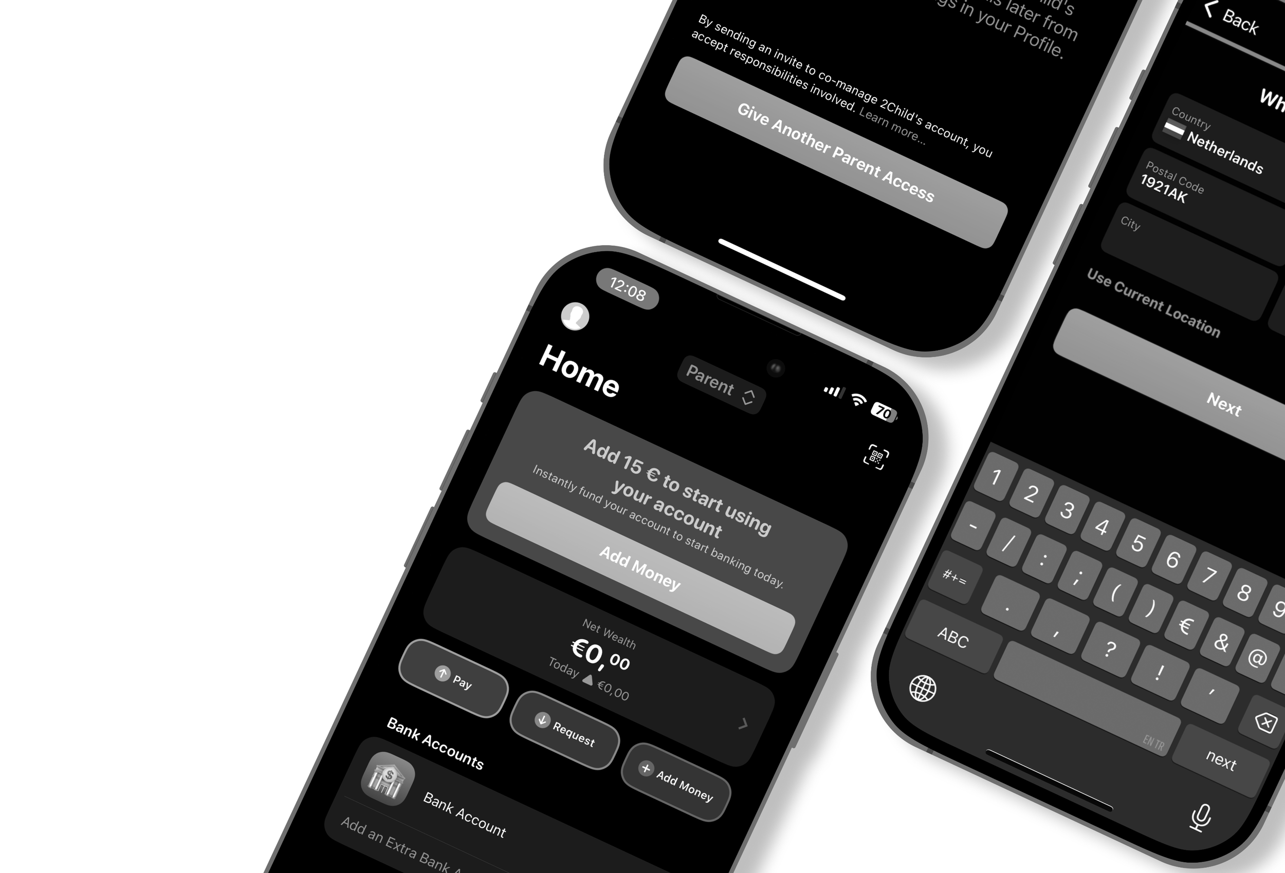 Three smartphones displaying banking app interfaces with options to add money, manage accounts, and enter personal information. The screens show dark mode themes with white text and icons.