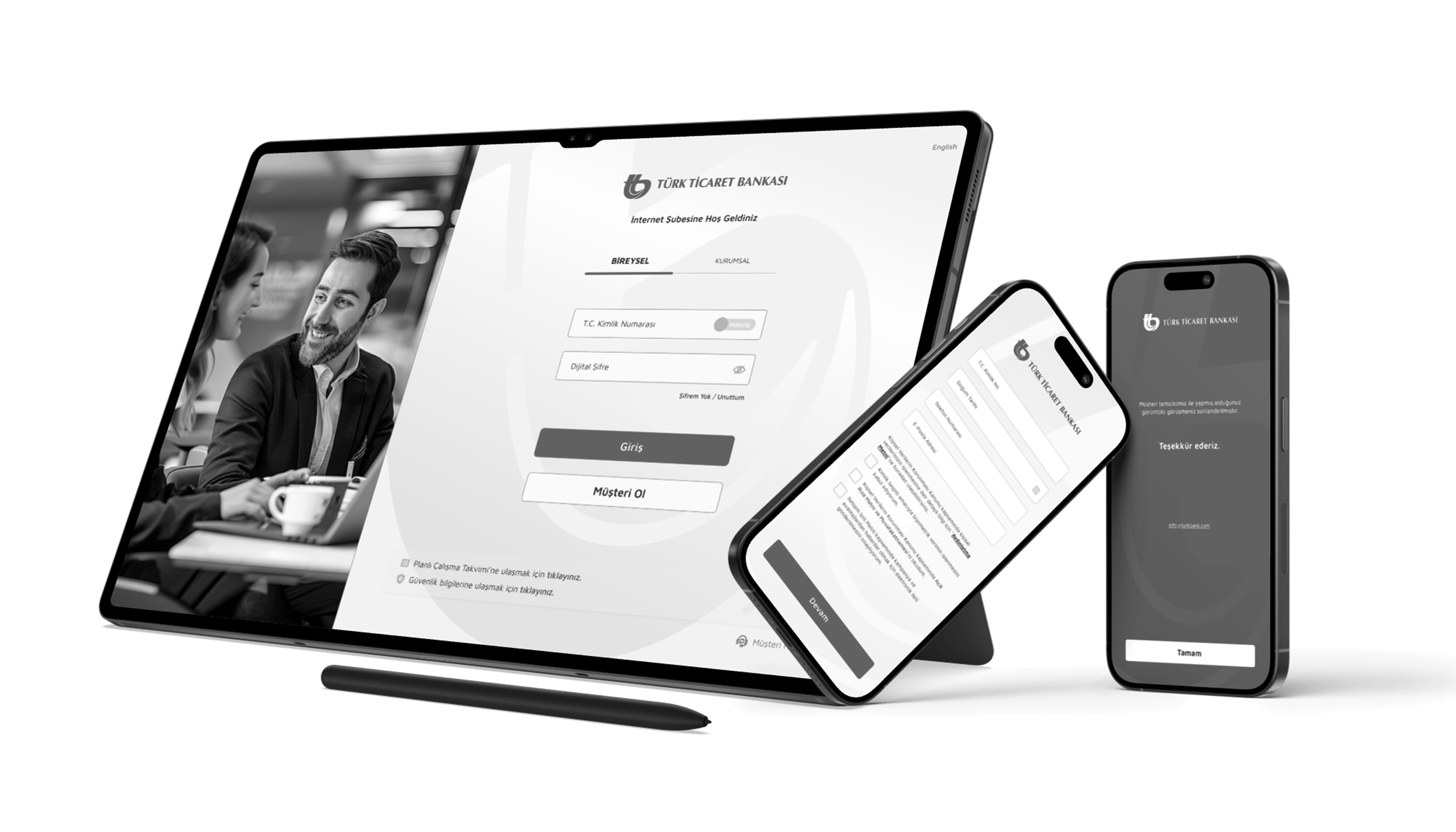 Black and white digital devices displaying the Türk Ticaret Bankası login screens, with a tablet showing a business meeting photo in the background.