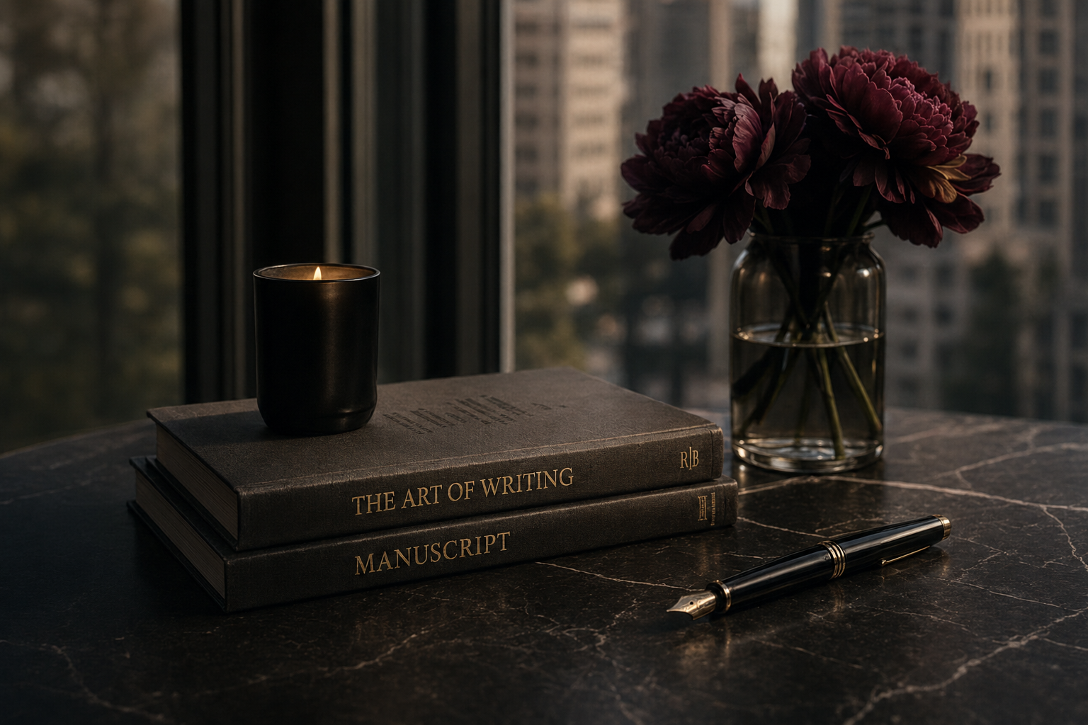 Elegant desktop with peonies, books and fountain pen.